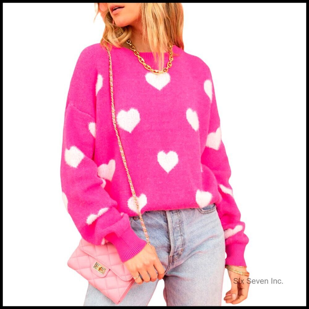 Heart Patchwork Knit Pullover Sweater Long Sleeve Crewneck Oversized Y2K